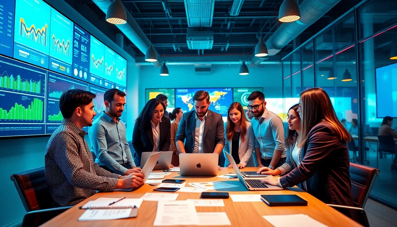 Engaged team at a social media agency collaborating on digital strategies in a modern office.