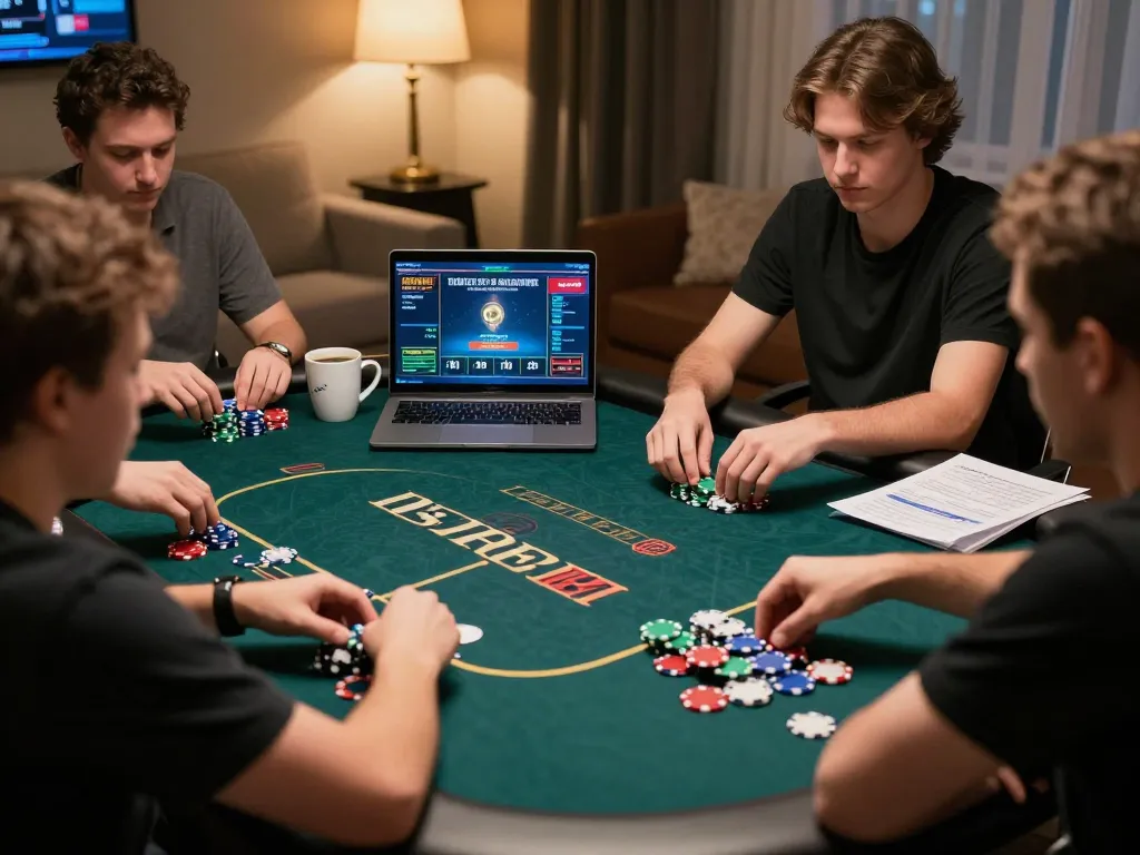 Pemain yang terlibat dalam idn poker online, menunjukkan permainan strategis dan chip virtual yang vibrant