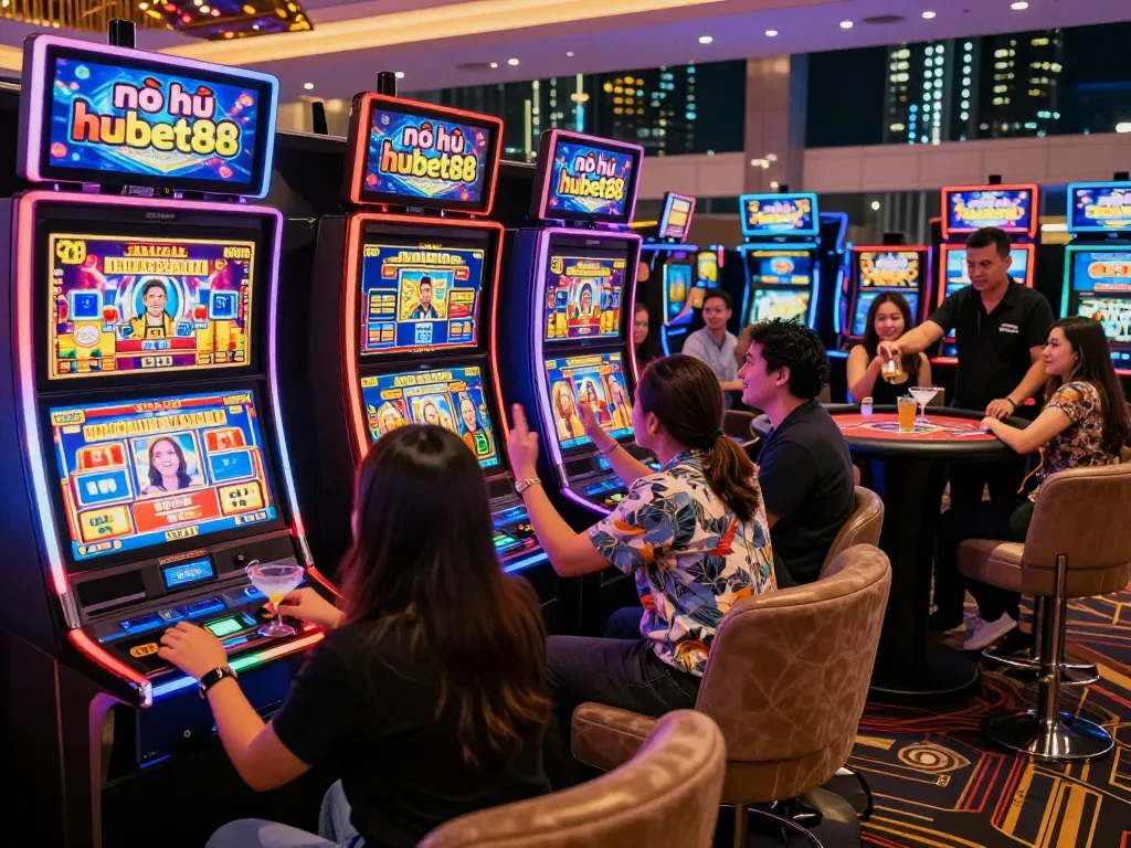 Exciting gaming moment at nổ hũ hubet88 casino, vibrant slot machines and players celebrating wins.