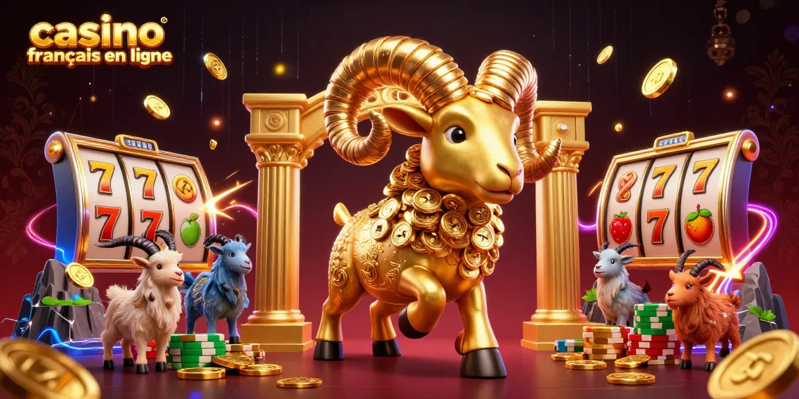 Gagnez aux jeux de casino français en ligne avec des symboles de machines à sous et un bélier doré.