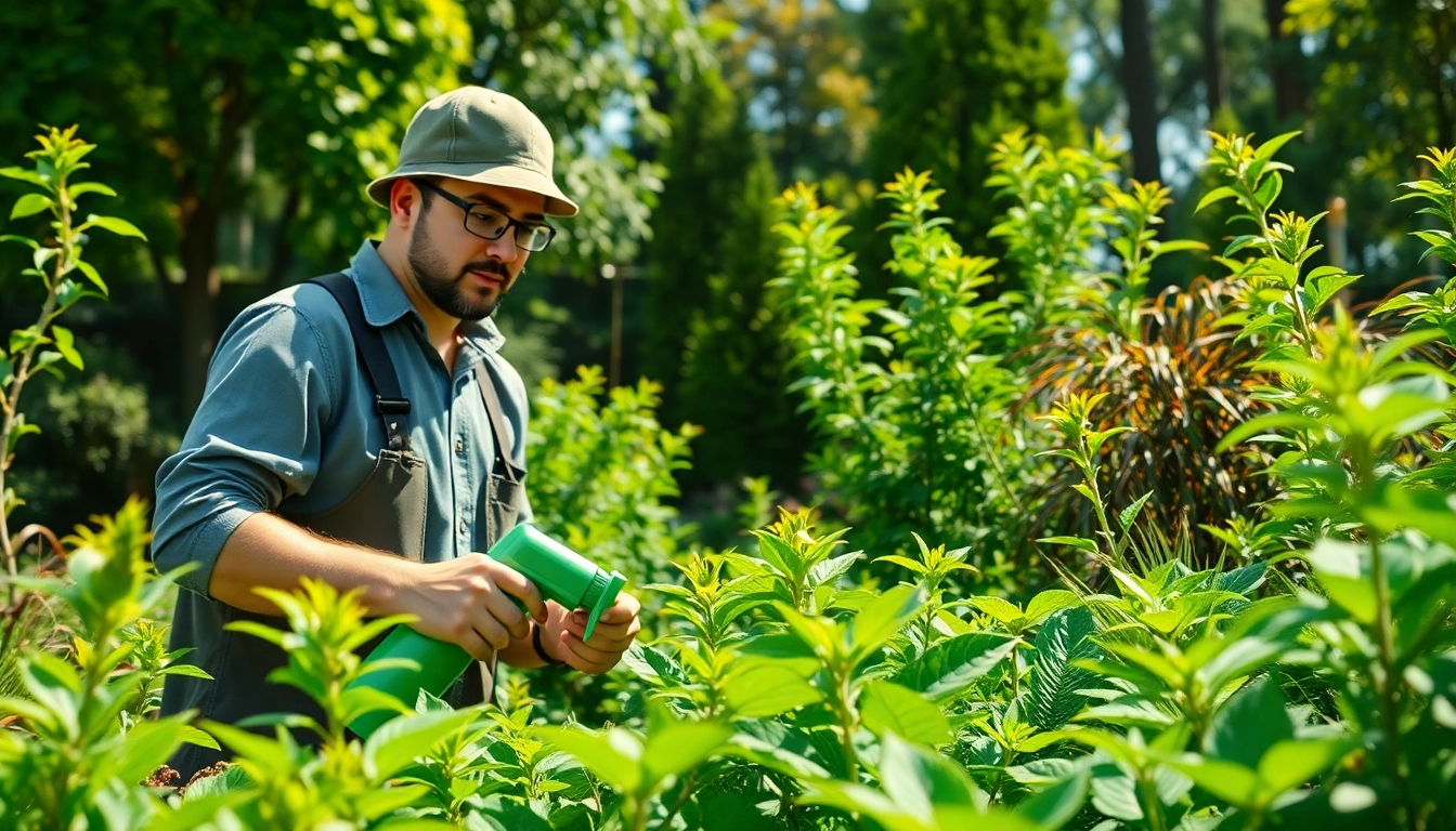 Green bug exterminator applying eco-friendly pest control in a vibrant garden setting.