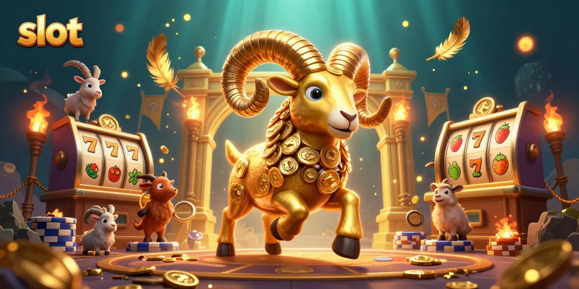 Spin vibrant slot reels among golden ram characters in dynamic casino scene.