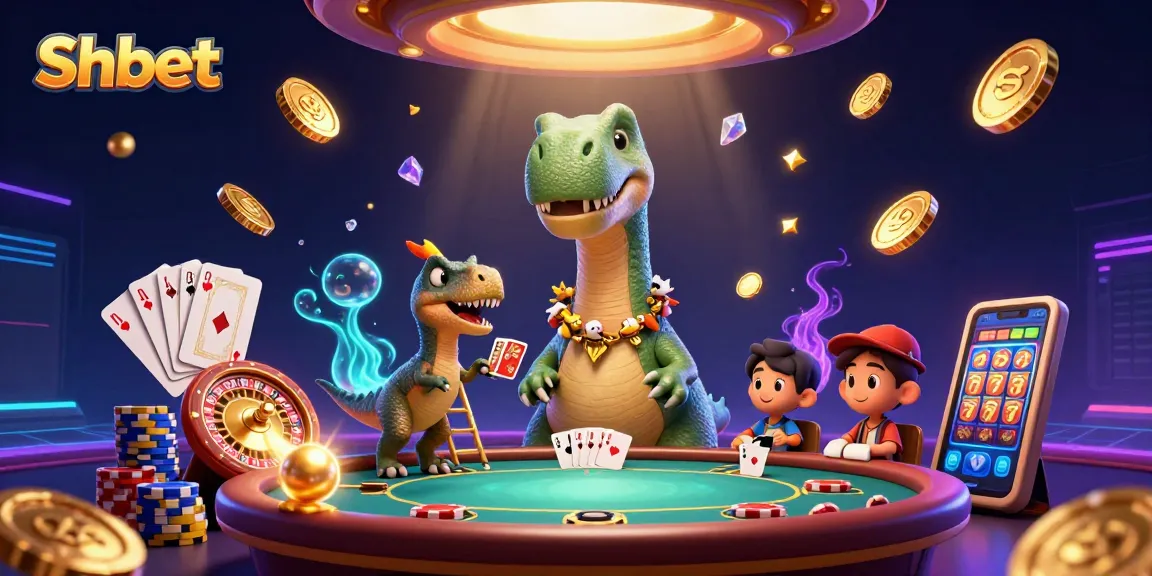 Experience Shbet Casino thrills with a towering dinosaur dealer and golden jackpots in stunning detail.