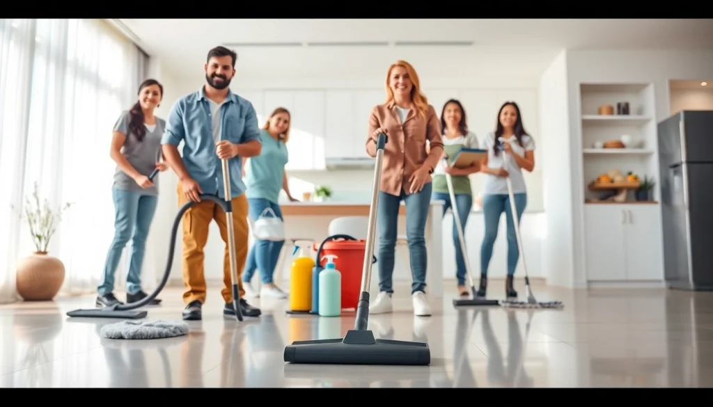 Cleaning Service team efficiently cleaning a bright, modern home with professional equipment.