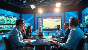 스포츠중계에 대한 전문적인 분석가들이 방송 스튜디오에서 토론하는 모습