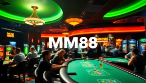 Experience an exciting MM88 casino atmosphere with vibrant gaming tables and lively players.