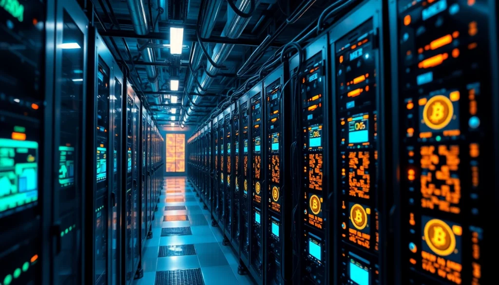 Crypto mining facility with advanced mining rigs and digital displays, showcasing innovation and technology.