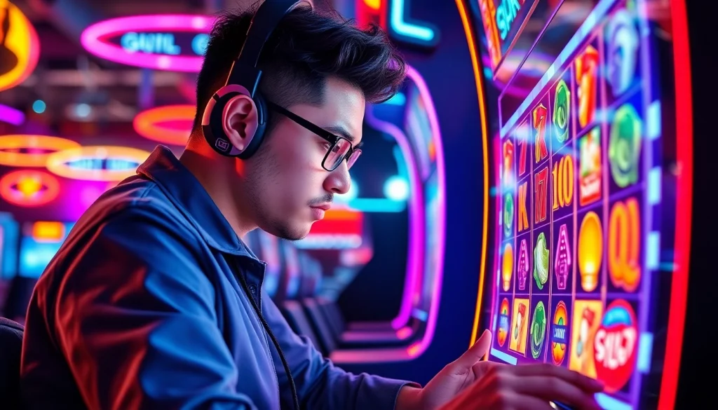Permainan slot QRIS108 Slot yang menegangkan dengan gamer fokus dan elemen neon yang bersinar.