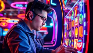 Permainan slot QRIS108 Slot yang menegangkan dengan gamer fokus dan elemen neon yang bersinar.