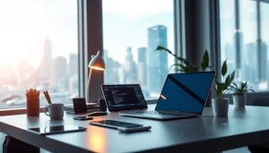 Engage with Technology in a modern workspace featuring sleek devices and a vibrant city view.