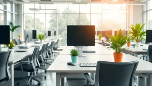 Professional typing center with modern desks and natural lighting promoting productivity.