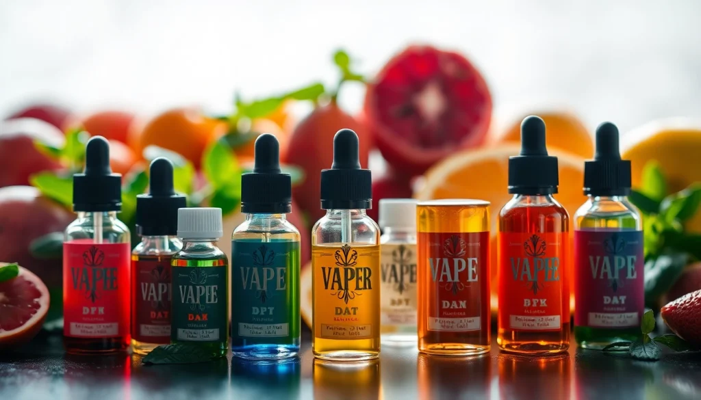 Verschiedene liquid Flaschen in bunten Designs, die die Vielfalt von E-Liquids zeigen.