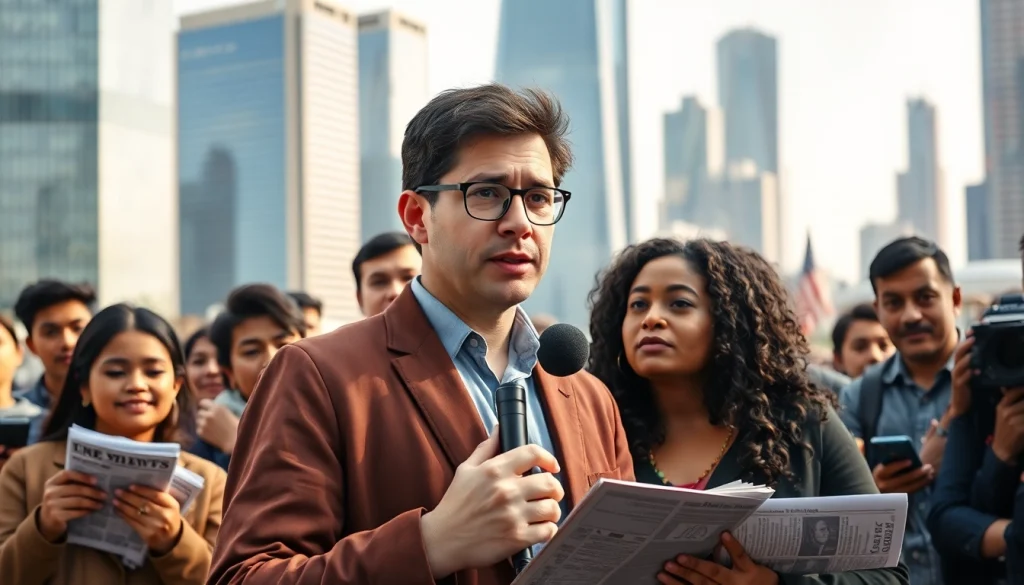 Journalist engaging with diverse individuals for https://diknews.co.uk/world-news/ in an urban setting.