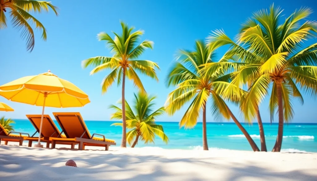 Relax by the beautiful coastal cabana with palm trees and a sandy beach in the background.