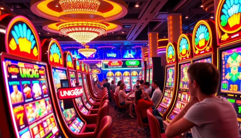 Menangkan hadiah dalam Unogg slot game dengan mesin slot penuh warna dan suasana kasino yang meriah.