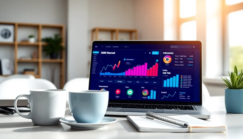 Analyze metrics on an Instagram smm panel in a bright office environment with vibrant growth graphs.