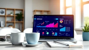 Analyze metrics on an Instagram smm panel in a bright office environment with vibrant growth graphs.