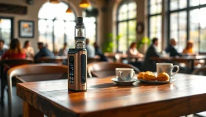 Vape ohne nikotin auf einem Tisch in einem gemütlichen Café mit warmem Licht und entspannter Atmosphäre.