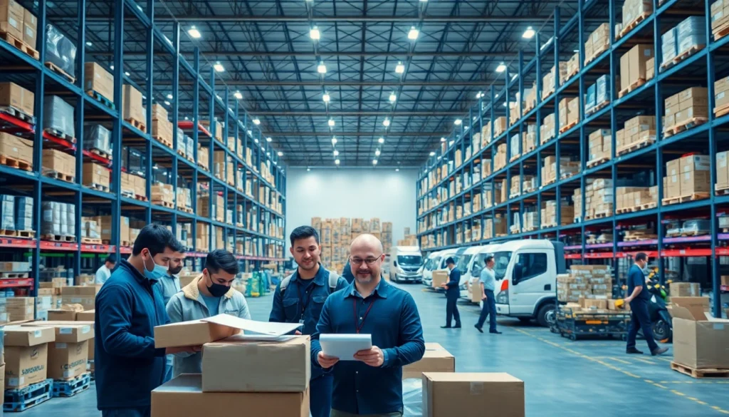 Efficient 3PL logistics operations in a professional warehouse setting with a diverse team.