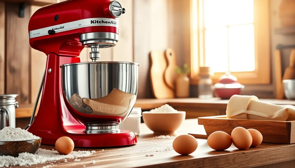 Baking with a KitchenAid mixer NZ in a warm, rustic kitchen setup, showcasing rich colors and inviting ambiance.