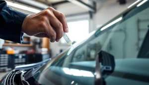 Expertly performing chip repair on a cracked windshield under bright lighting.