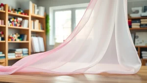 Mousseline stof mooi uitgestald op een houten tafel in een gezellige naai studio.