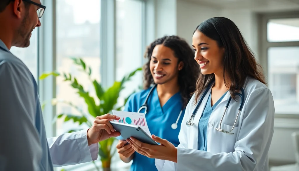 Healthcare professionals strategizing for better Health outcomes in a bright hospital setting.