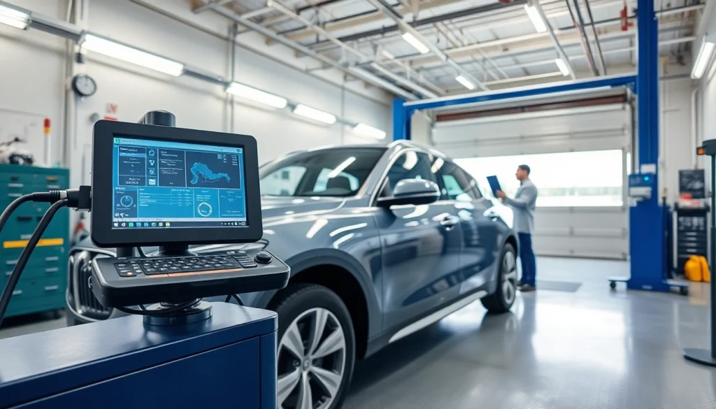 Technician performing a Smog Check in a professional automotive garage with diagnostic equipment.