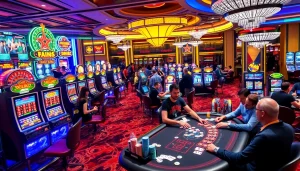 A lively casino scene at KJC AC 2 with players at tables, showcasing excitement in gambling.
