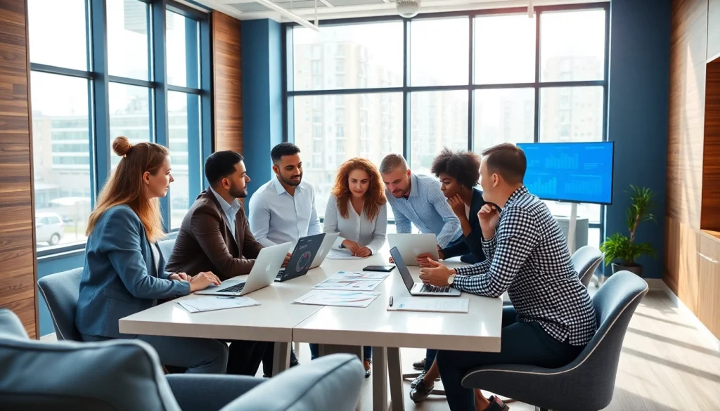 Marketing team collaborating on strategies for Good Wolf Marketing in a vibrant office.