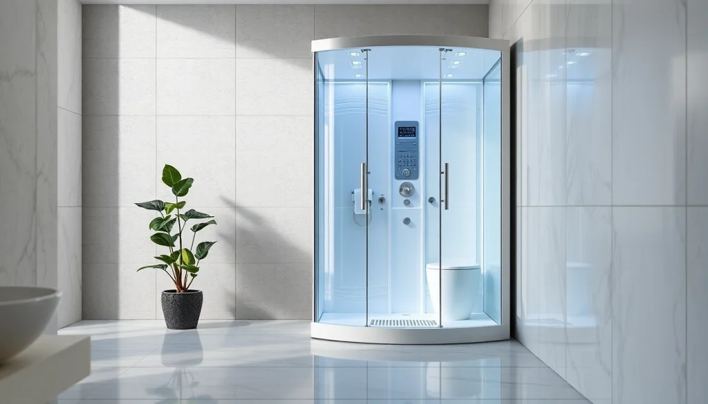 Admire l'élégante cabine de douche sirhona avec éclairage LED dans une salle de bain moderne.