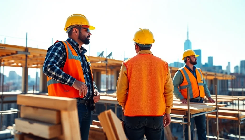 New York General Contractor managing a bustling construction site with workers and the skyline.