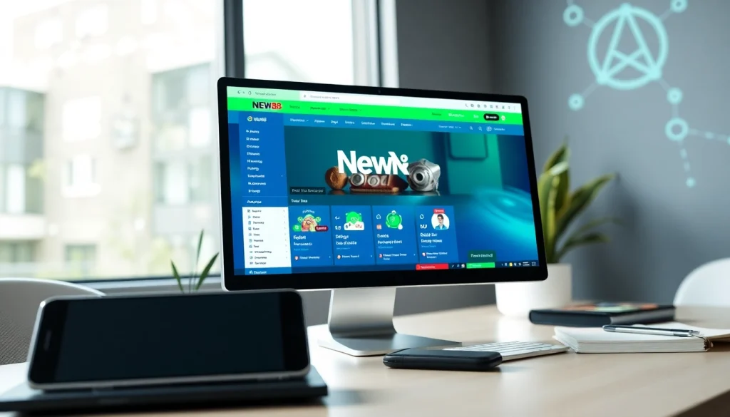 View of the New88 website interface on a computer screen showcasing digital connectivity.