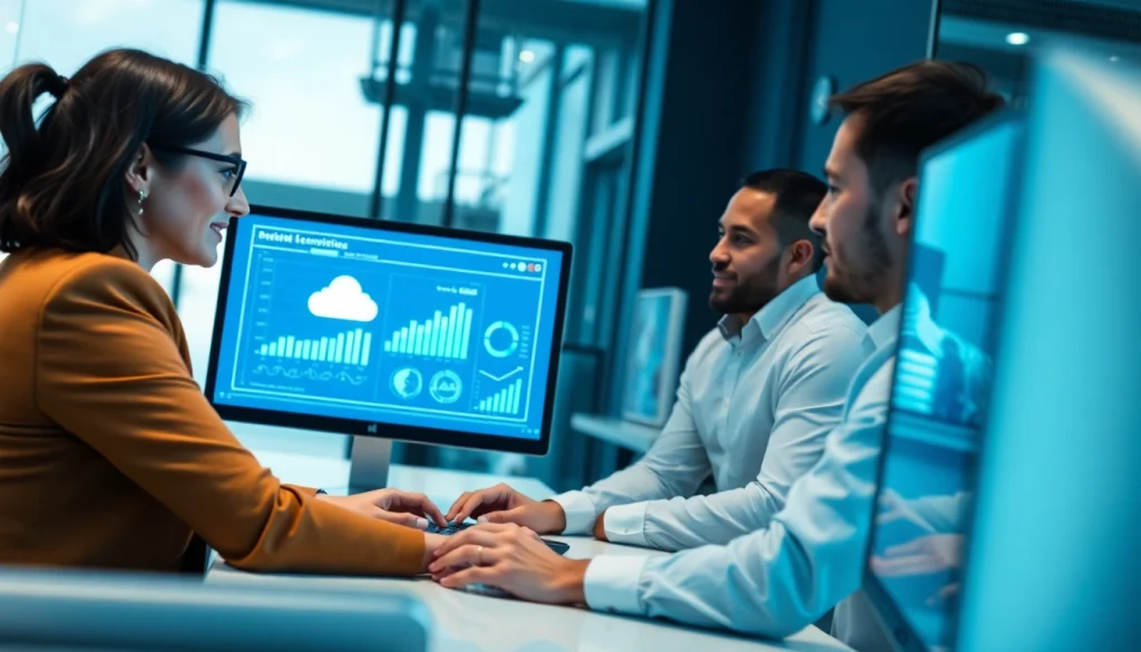 Visualiza un equipo trabajando en soluciones de cloud connect en un entorno empresarial moderno.