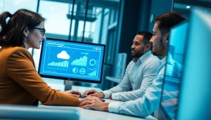 Visualiza un equipo trabajando en soluciones de cloud connect en un entorno empresarial moderno.