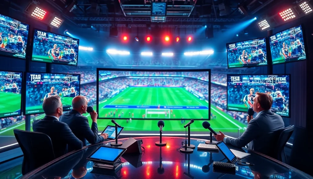 스포츠중계를 실시간으로 전달하는 방송 환경을 보여주는 이미지입니다.