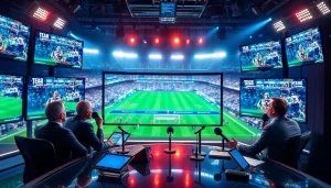 스포츠중계를 실시간으로 전달하는 방송 환경을 보여주는 이미지입니다.