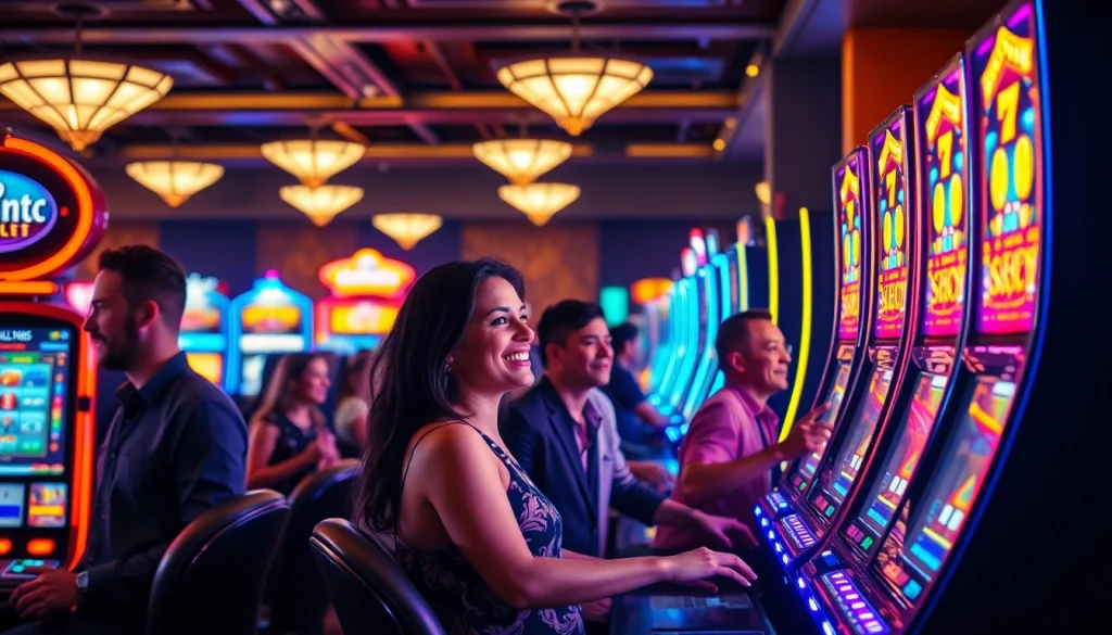 Menampilkan slot mesin yang berwarna-warni di kasino dengan pemain yang antusias.