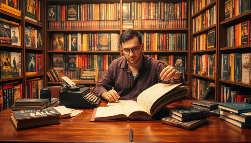 Engaged thriller author writing at their desk surrounded by inspiration and books.