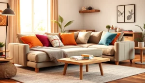 Sofa beds inviting relaxation adorned with colored cushions in a cozy living room.