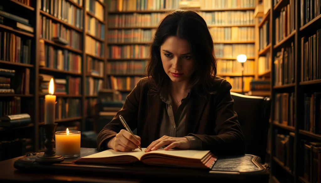 Thriller author immersed in the creative process at a vintage desk in a moody library.