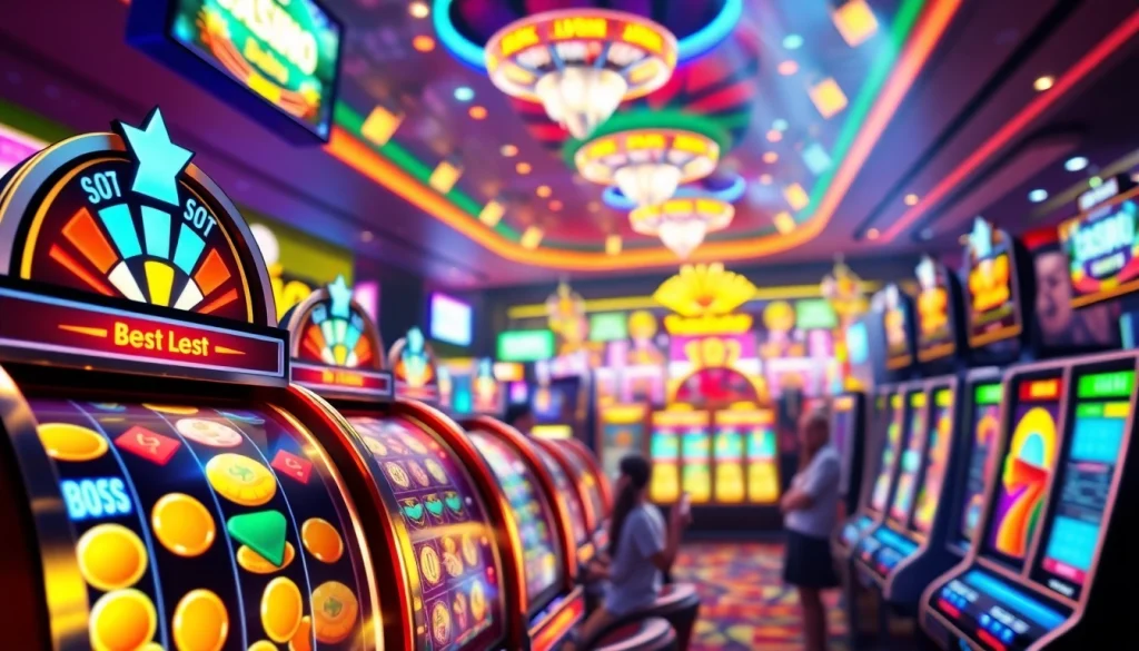 Menampilkan pengalaman togel resmi slot dengan mesin slot berwarna-warni yang penuh jackpot dan pemain yang antusias.