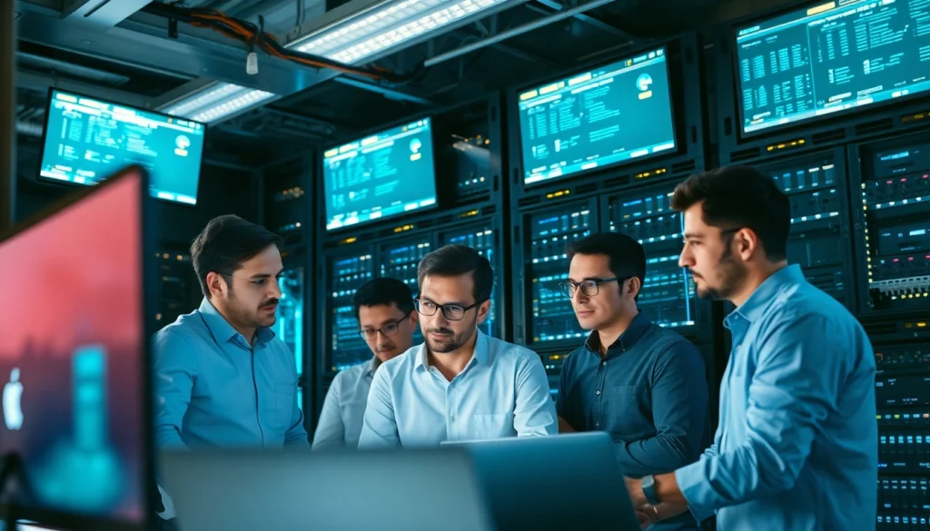 Proxmox Virtualization Experts demonstrate collaboration in a high-tech server environment.