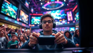 Tunjukkan hakim4d alternatif game dengan gamer di arena esports yang dinamis dan cerah.