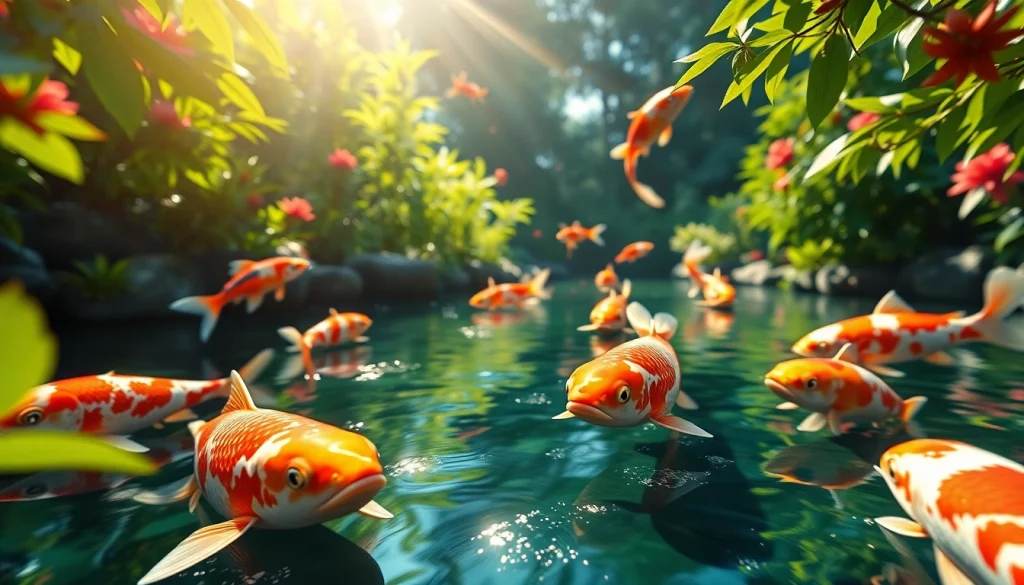 Menampilkan koi800 togel dengan ikan koi yang indah di kolam natural yang menenangkan.