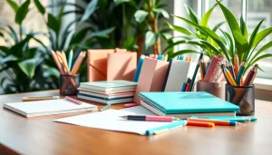 Brightly arranged stationery online uk supplies on a wooden desk encouraging creativity and organization.