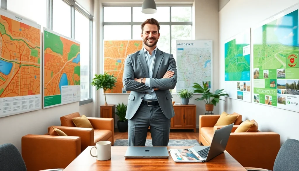 Real Estate agent presenting dynamic property listings in a bright, modern office environment.