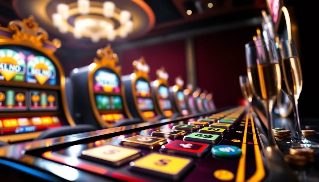 Menampilkan suasana permainan kasino mewah luxury333 dengan mesin slot modern yang elegan.