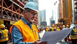 Manhattan Construction Manager reviewing blueprints at a vibrant construction site surrounded by activity.