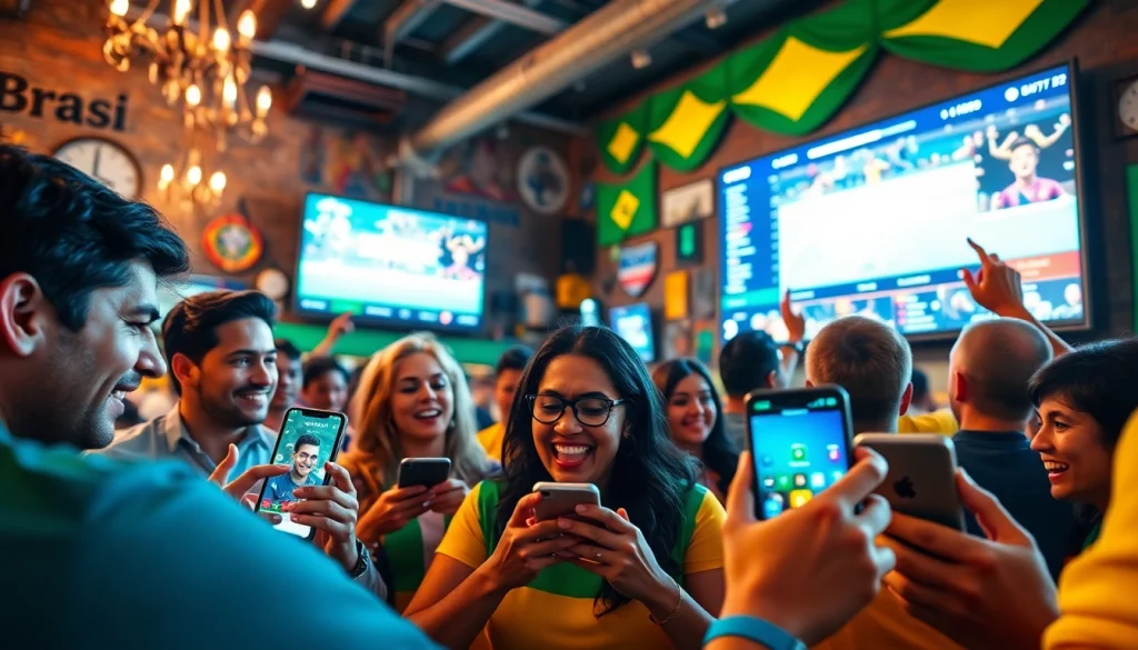 Engaging scene showcasing sports betting Brazil with fans excitedly checking their betting apps.
